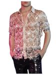 WDIRARA Men's Sequin Decor Fringe Button Front Shirts Short Sleeve Sheer Party T Shirt, Champagne, Large