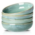 HVH 8.5 inch Large Pasta Bowls Set of 4, 46oz Big Salad Bowl Set of 4, Shallow Bowls, Dinner Bowls Set, Ceramic Bowls Set Microwave and Dishwasher Safe, Smooth glaze (Turquoise)