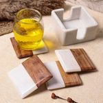 DREAMY WALLS Marble Coasters, Set of 4, Acacia Wood & Marble, with Marble Holder - Tea cups, Coffee Mug, Coffee Table, Home Decor items Anniversary gift for couple special, kitchen accessories items