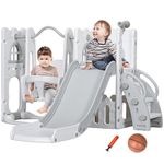 Qaba 6-in-1 Slide and Swing Set with Basketball Hoop, Climber, Baby Swing Set Indoor Playground with Storage Space, Telescope, for Aged 1-3 Years Old, Grey
