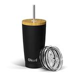 Okuri Insulated Travel Mug 600ml - Stainless Steel Coffee Cup with Bamboo Lid - Reusable Iced Coffee Cup with Straw - Thermal Travel Cup with 3 Interchangeable Lids