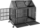 Huddycove 42 Inch Heavy Duty Dog Crate with Self-Locking Latch for High Anxiety Dogs, Indestructible Large Kennel Indoor with Pointed Roof, Removable Trays and Lockable Wheels, Chew Proof Cage