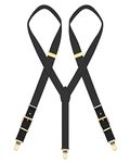 MENDENG Adjustable Suspenders for Men Bronze Metal Clips Braces with Leather, Black Leather/Black, One Size