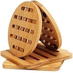 BELLE VOUS Bamboo Heat Resistant Hot Pads Trivet Set (4 Pack) - 15 x 15cm/6 x 6 Inches - Non Slip Square and Round Kitchen Pot Holders - Natural Wood Coasters For Hot Teapot, Bowls and Dishes