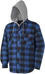 Pioneer Work Shirt – Quilted Fleece Lined Plaid Flannel Button Down Shirt Jacket with Hood for Men, Hidden Zipper Closure, 2 Pockets – Black & Blue