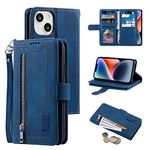 UEEBAI Wallet Case for iPhone 13 mini 5.4 inch, Retro 9 Card Holder Slots Zipper Pocket Handbag Case PU Leather Magnetic Closure Kickstand with Wrist Strap TPU Shockproof folio Case - Blue