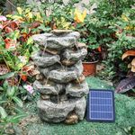 Warmiehomy Solar Water Fountain, 5 Tier Solar Water Feature Rock Fountain, Waterfall with Solar Powered Pump and LED Lights for Outdoor, Garden Fountains and Water Features, Height 49CM, Grey