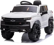 Kidzone 12V Battery Powered Licensed Chevrolet Silverado Trail Boss LT Kids Ride On Truck Car Electric Vehicle Jeep with Remote Control, MP3, LED Lights - White