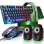 UK Layout 5-in-1 Wired Gaming Keyboard Mouse Sets Rainbow Backlit Usb Gaming Keyboard+2400DPI 6 Buttons Optical Rainbow LED Gaming Mouse+Gaming Headset+RGB Speakers+Mouse Pads for Computer/PC(Black)