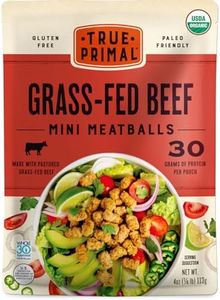 True Primal Grass-fed Beef Mini Meatballs 8-pack. Ready to eat. 1/4 lb fully cooked beef per pouch. Gluten free. Grain free. Paleo. Keto. Carnivore. Organic. Whole30. AIP.