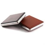 2 Pcs Cigarette Case for Roll Ups - Gifts for Men - Cigarettes Holder Leather - Men's Cigarette Cases Holds 20 Pcs Cigarettes - Cigarette Tin Cigarette Box Stainless Steel Metal Frame (Black & Brown)