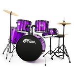 TIGER DKT28-PU Full Size Acoustic Drum 22" Bass Drum Kit with Stands Stool Sticks & Cymbals - Purple