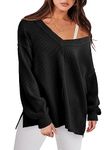 ANRABESS Oversized Long Sleeve Shirts for Women Off the Shoulder Sweatshirt Loose V Neck Tunic Tops High Low Sweater 2024, Black, XX-Large