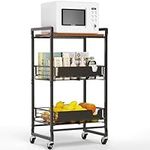 TORIBIO Microwave Stand Kitchen Cart, 3-Tier Baker’s Racks for Kitchens with Storage Basket, Coffee Bar Table Station Rolling Pantry Cart Kitchen Storage Shelf Rack for Fruit Potato Vegetable Storage