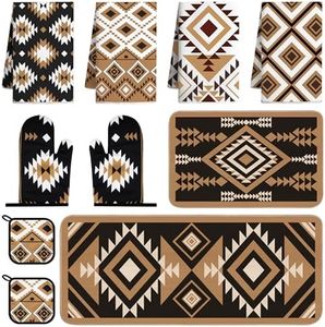 Vetoxka 10 Pcs Western Aztec Kitchen Decor and Accessories Set 4 Kitchen Dish Towels 2 Pot Holders 2 Oven Mitts 2 Rugs for Floor Home Decorations Cooking Baking Mom Daughter Gifts Black White Brown