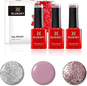 BLUESKY Gel Finish Nail Polish Set, Pinks, Pink Gold S06N, Musk Pink A044, Silver Glitter Explosion 80573, 3 X 5 Ml, Pink, Silver, Glitter (Requires Curing Under Uv Or Led Lamp)