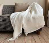 KyraHome 100% Organic Cotton 55"x60" Muslin Throw Blanket for Couch Sofa, Plant-Hand Dyed Pre-Washed, Breathable Soft, Cozy Lightweight Gauze Blanket with Fringe, All Season (White)