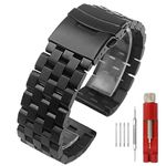 Kai Tian Premium 26mm Black Matte 5 Rows Stainless Steel Watch Band Strap, Replacement Metal Watch Band for Men Women Deployment Clasp Double Safety Buckle