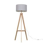 MiniSun Modern Light Wood Tripod Design Floor Lamp with Storage Shelf & Grey Drum Shade - Complete with a 6w LED Bulb [3000K Warm White]