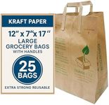 Gennzee 12" x 7" x 17" 25 Pack 70# Basis Weight Brown Printed 100% Recycled Shopping Bag with Handles Kraft Paper