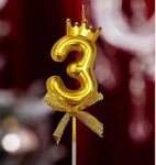 Fun Affairs Number Candles With Crown Wax, Unscented 3 Inch For Birthday Parties, Wedding, Engagement, Valentines Day Celebration, Theme Party, Bachelors Decoration Gold (Numeric 3)