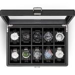 Watch Box Organize for Men, 10 Slots Watch Case with Textured Leather, Watch Holder with Soft Pillow, Gift for Fathers, Husband, Friend, Black