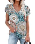 PLOKNRD Casual Tops for Women UK Summer Short Sleeve Tops Classic V Neck for Ladies (Print Green,M)