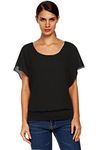 FINEJO Women's Crew Neck Block Color Short Sleeve Shirt Chiffon Tops Blouse Black L