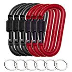 6Pcs D-Ring Locking Carabiner Clips, 3 inch Aluminum Alloy Carabiner Clip Heavy Duty, Keychain Clips Hook with 6 Key Rings for Camping, Hiking, Fishing, Traveling, Keychain