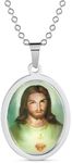 Unisex Personalize Oval Religious Medal Medallion Sacred Heart of Jesus Photo Pendant Necklace for Men Teen Silver Tone Stainless Steel Customizable