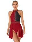 CHICTRY Women Girls Figure Ice Skating Dress Rhinestone Dance Competition Twirling Costume Gymnastic Leotard Skirt Burgundy-H M