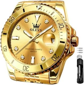 OLEVS Men's Watch, Fashion Luxury Gold Big Face Stainless Steel Diamond Dress Calendar Gold Waterproof Luminous Wrist Watches for Men