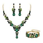 Ever Faith Rhinestone Crystal Bridal Party Art Deco Floral Wave Teardrop Necklace Earrings Bracelet Jewelry Set Green Gold-Tone