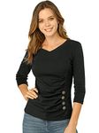 Allegra K Women's V Neck Blouse 3/4 Sleeves Solid Knitted Buttons Decor Ruched Top Black 8