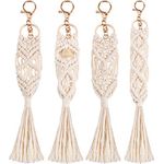 4 Pieces Mini Macrame Keychains Boho Macrame Bag Charms with Tassels Handcrafted Accessory for Car Key Purse Phone Supplies, Beige