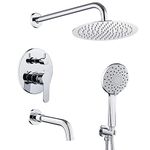 ROVOGO Tub and Shower Faucet Set, Complete Shower System with Tub Spout, 10-in. Rain Shower and 5-Function Handheld Shower, Chrome (Valve and Trim Kit Included)