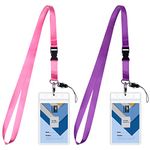 Lanyard Badge Holder, Wisdompro Vertical 2-Sided 2 Card Slot Waterproof Clear PVC ID Badge Holder with Ziplock and 20.8 Inch Heavy Duty Polyester Detachable Neck Strap Lanyard - 2 Set, Pink/Purple