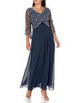 J Kara Women's 3/4 Sleeve Geo Beaded Gown, Navy/Navy/Silver, 12 Petite