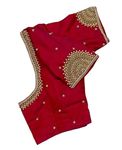 Women Maggam aari Hand Made Work Blouse Piece Art Silk Long Sleeve Red - 1 Meter unstriched