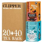 Clipper Tea Fairtrade Restoring Roots Ginger & Turmeric Organic 20 Tea Bags 36g & Teas Ltd Fairtrade Organic White Tea 40 Unbleached, Plastic-Free Bags, 70 g