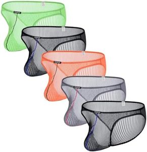 JINSHI Men's See Through Vertical Stripe Mesh Briefs Enhancing Bulge Pouch Breathable Sheer Low Rise Underwear 5-pack Medium
