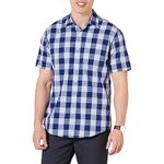 Amazon Essentials Men's Regular-Fit Short-Sleeve Poplin Shirt, Blue Buffalo Check, L