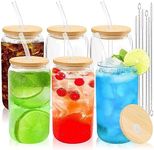 Joyclub Glass Cups with Bamboo Lids and Straws 6 Set 16 oz Reusable Iced Coffee Cup Beer Can Drinking Jars for Smoothie Whiskey Boba Soda Tea Gift