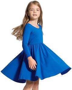 Stelle Long Sleeve Girls Dress Toddler White Dresses Skater Twirl Cotton A-Line Dress for School Casual(Blue, 5 Years)