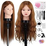 Mannequin Head with 80% Human Hair, TopDirect 23.5" Brown Real Hair Cosmetology Mannequin Head Hair Styling Hairdressing Practice Training Doll Heads with Clamp Holder and Tools