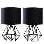 Pair of - Modern Black Metal Basket Cage Bed Side Table Lamps with Black Fabric Shades