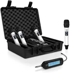 Pyle 4 Channel Wireless Microphone System, Portable UHF Band Receiver System, Independent Channel Controls, RF Signal LCD Indicator, Digital Audio Microphone Set with 4 Handheld Microphones (White)