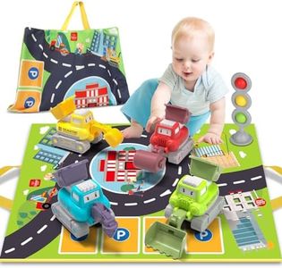 Lehoo Castle Baby Toys for 1 Year Old, Toy Truck for Toddlers, Pull Back Cars, Press and Go Cars Excavators Bulldozers Rollers Drills with Traffic Lights Map Bag 6 Pcs, Gifts for 18 M+