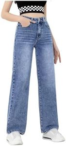 SweatyRocks Girl's Casual High Waist Solid Denim Pants Stretchy Flare Leg Jeans with Pocket Blue 11 Years