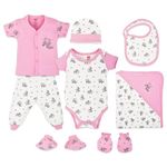 LuvLap Newborn Baby Garment Gift Set, Pack of 8, Pink All over Print, short-sleeve Jhabla, Pyjama,half-sleeve onesie, Cotton Bib, Cap, a pair of Booties, a pair of Mittens & 1 Hooded towel